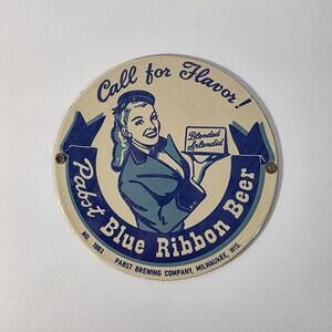 RARE PABST BLUE RIBBON BEER CALL LADY DEALER PORCELAIN SIGN WISCONSIN